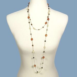 Daisy Fuentes Long Station Necklace Beaded Gold Tone Chain Boho Earth Tones